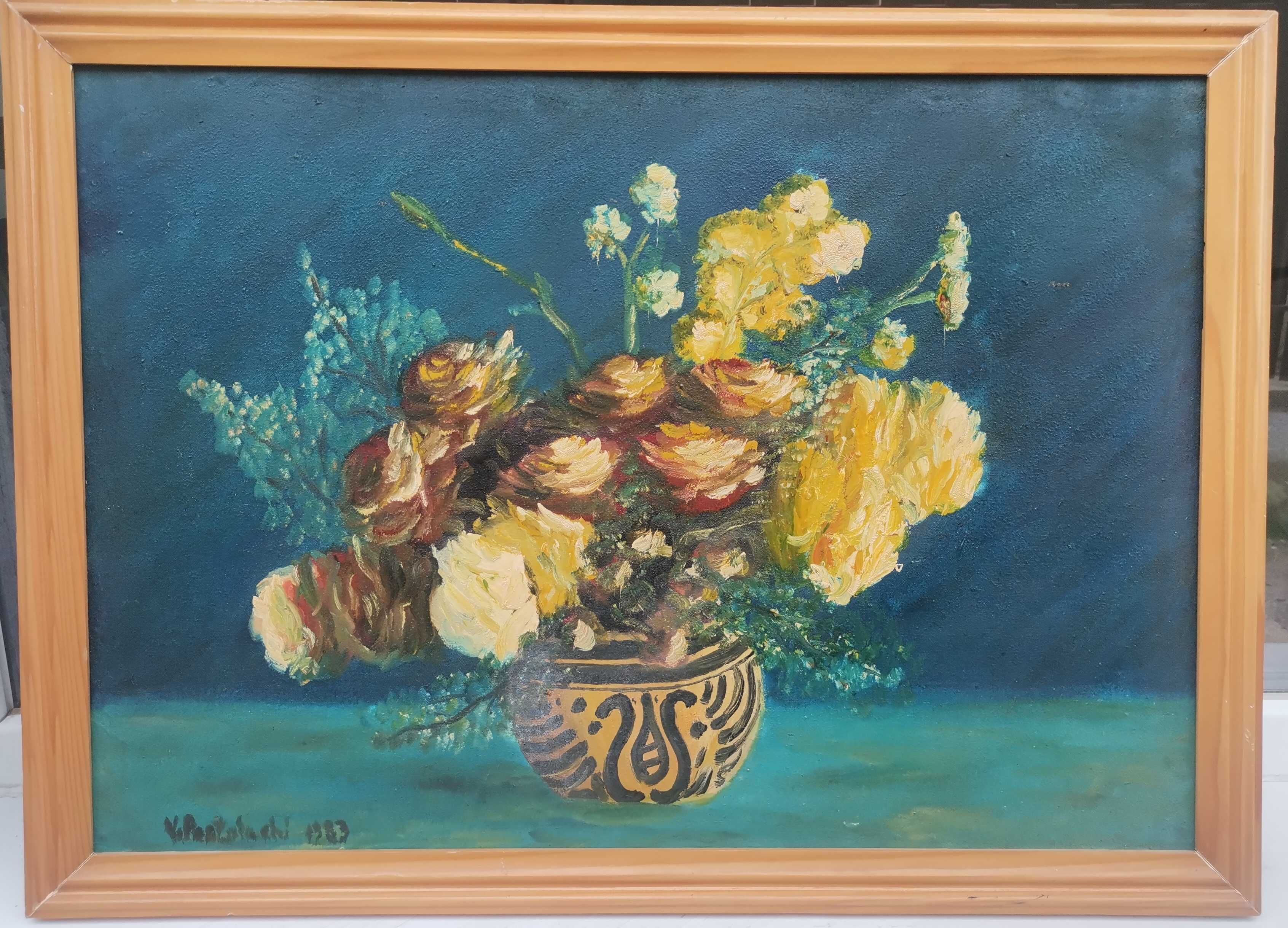 Postolachi Tablou Vas cu Flori Trandafiri pictura ulei pânză 50x68
