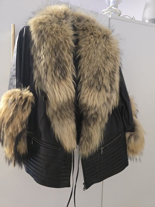 Geaca piele naturala si blana de vulpe naturala argintie/maro