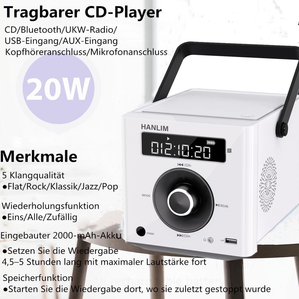 HANLIM Преносим CD плейър 20W Bluetooth/FM/MP3/USB/AUX/дистанционно