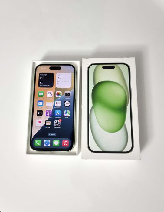iPhone 15 Verde 128 GB, liber de retea, stare foarte buna, batiera 81%