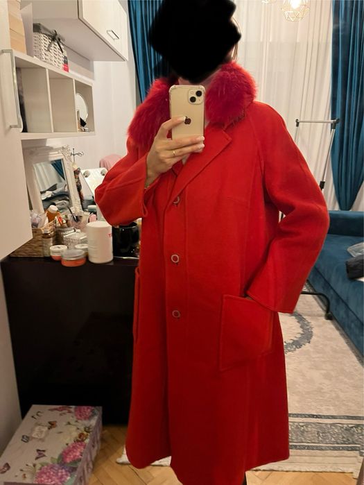 Vand palton nou cu eticheta din lana cu guler blana naturala de vulpe