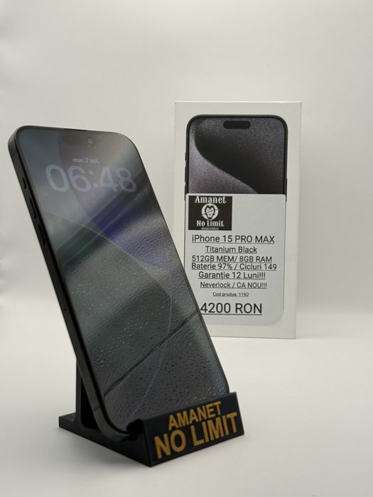iPhone 15 Pro Max Titanium Black 512GB Ca Nou,Garantie 1An Folie Cadou