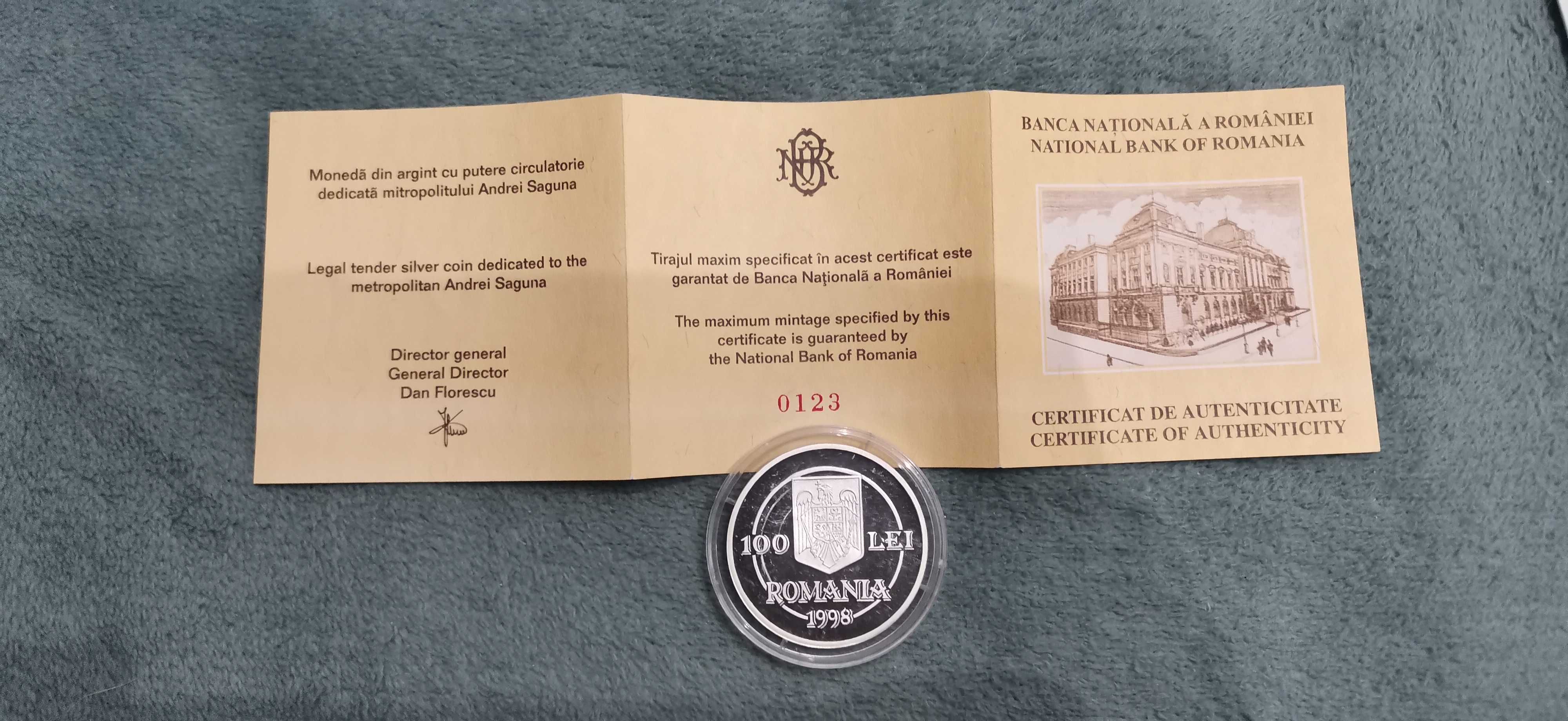 Moneda argint 125 de ani de la stingerea din viaţă a lui Andrei Şaguna