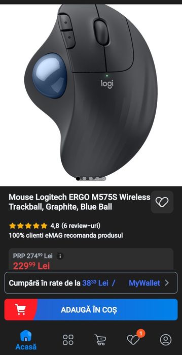 mouse cu bilă de control (trackball) wireless Logitech ERGO M575