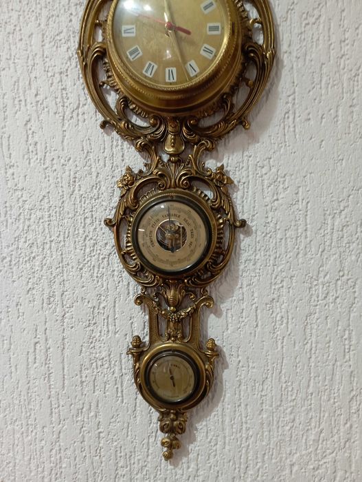 Бронзова метеостанция с часовник, термометър, барометър и хигрометър