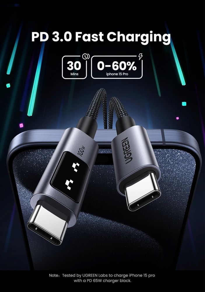 UGREEN UNO PD100W Кабель USB C Fast Charge  для iPhone 16,15 Samsung