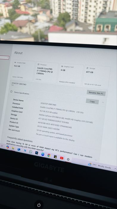 Gigabyte Aero 15 – i7 / 16GB RAM / SSD 480GB / GTX 1060 6GB