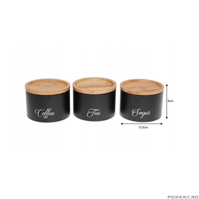 Recipiente pentru cafea, ceai, zahar, din otel-bambus, negru,
