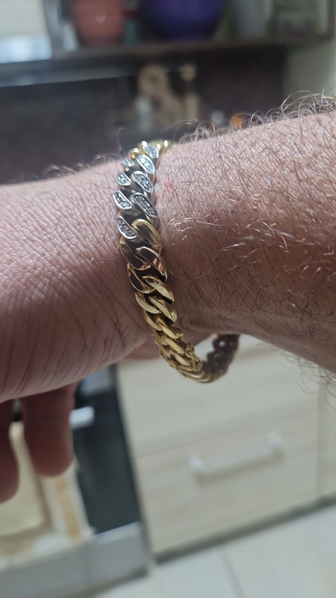 Bratara aur 18k alb/galben+ diamante model cuban deosebit