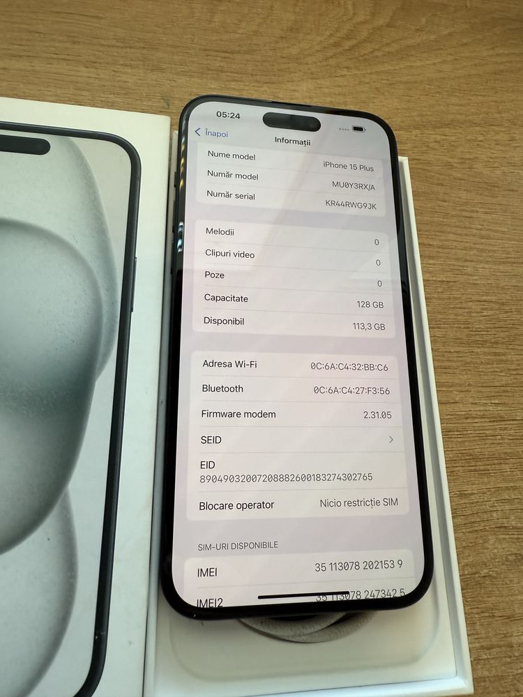 Iohone 15 plus 8 incarcari 128 gb