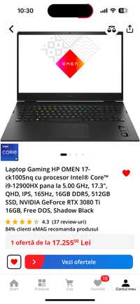 Laptop Gaming HP OMEN 17.3”, rtx 3080TI 16GB, I9 12900HX, garantie2ani