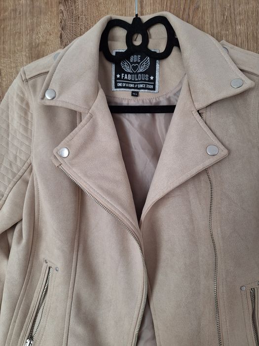 Geaca biker din velur crem/bej