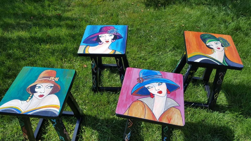 Mobila, SET 4 SCAUNE LEMN ESENTA TARE, pentru gradina, pictate artist