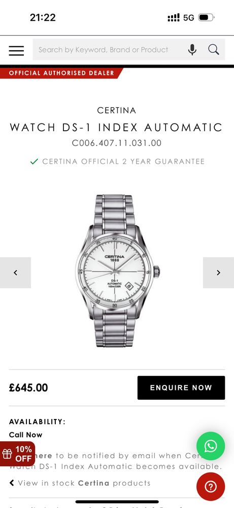 Vand ceas Certina DS-1 automatic, 100m/330ft 10 Atm, Swiss Made