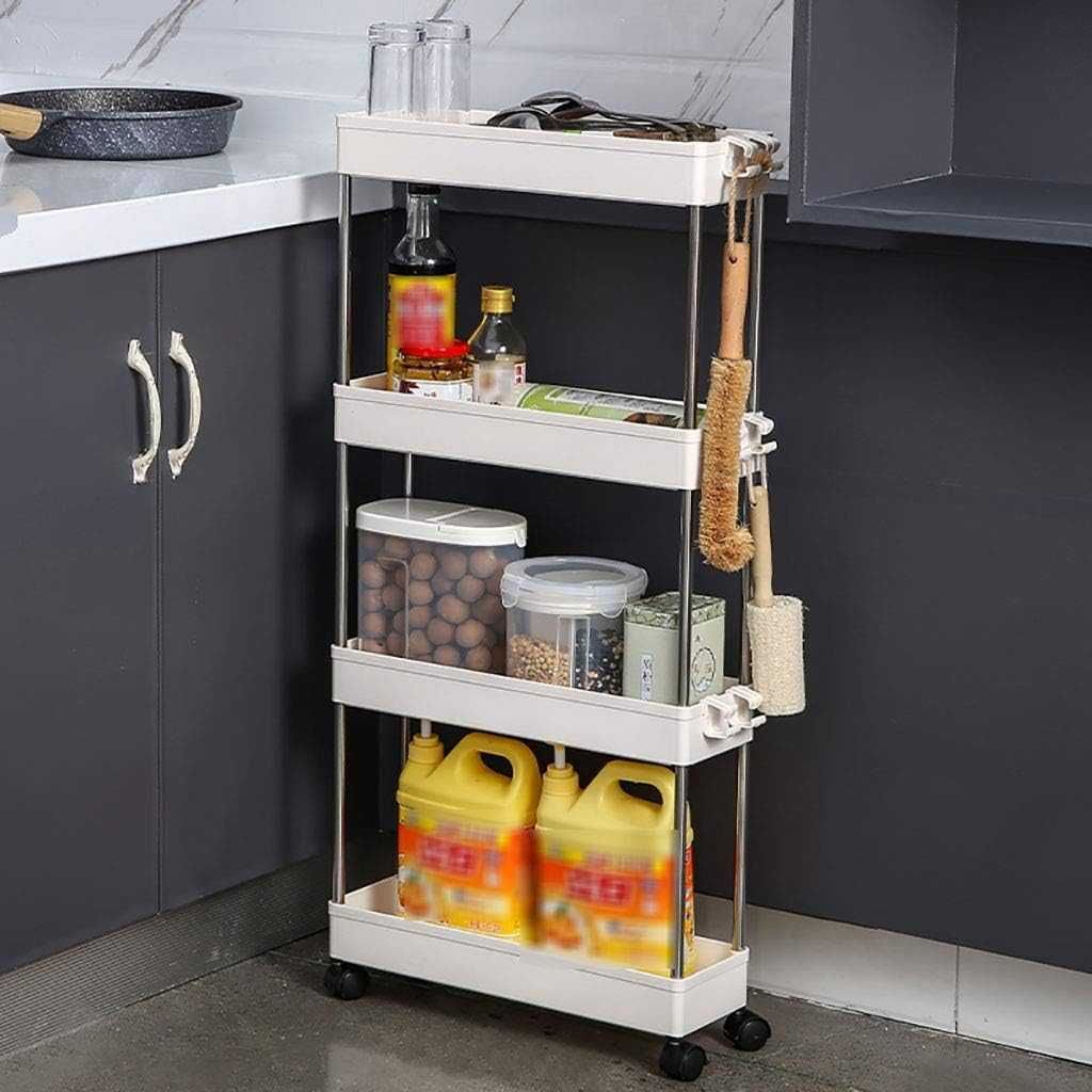 Organizator mobil cu roti pentru bucatarie baie 4 rafturi 85x38x13 cm