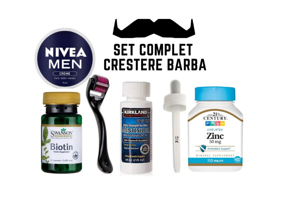 Set complet pentru creşterea bărbii,Minoxidil,Dermaroller,Vitamine...