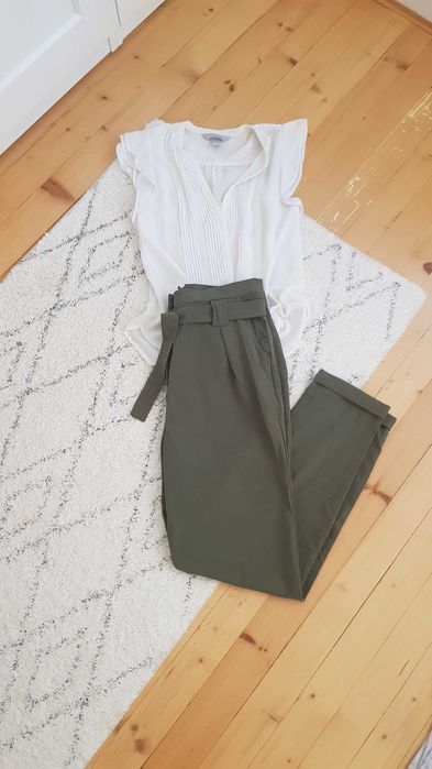 Zara Зелен панталон официален с висока талия (с бяла блуза)
