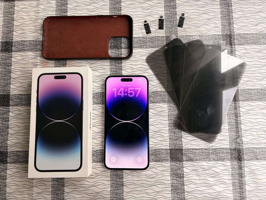 iPhone 14 PRO MAX 256 eSim + ориг кожен калъф + 7 скрийн протектора
