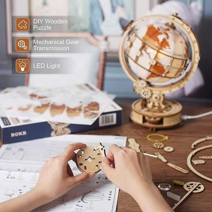 ROKR Luminous Globe 3D Yog‘och Puzzle / Chiroqli Globus