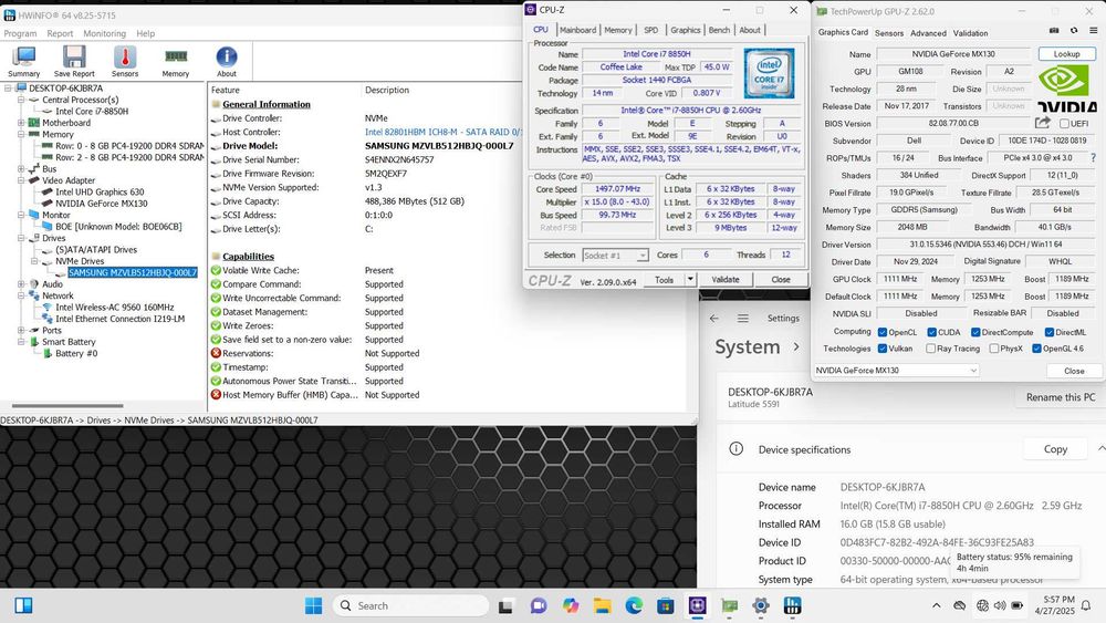 Gaming Dell i7-8850H 16GB 512GB SSD GeForxe MX130 2GB