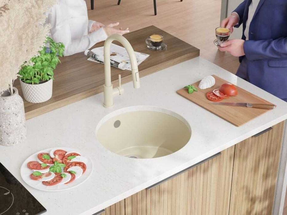 Бежова кръгла кухненска мивка за вграждане под плот Валета 50 460x460