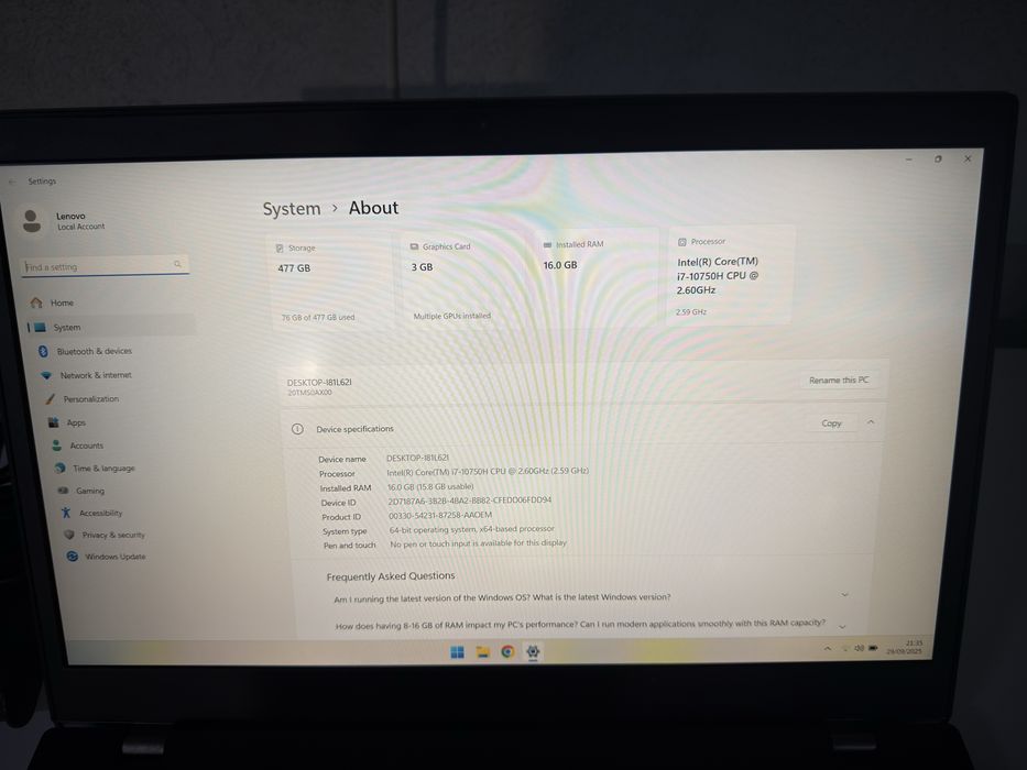 Lenovo T15p I7 10750h 16Gb Ram Gtx 1050 512gb Gaming