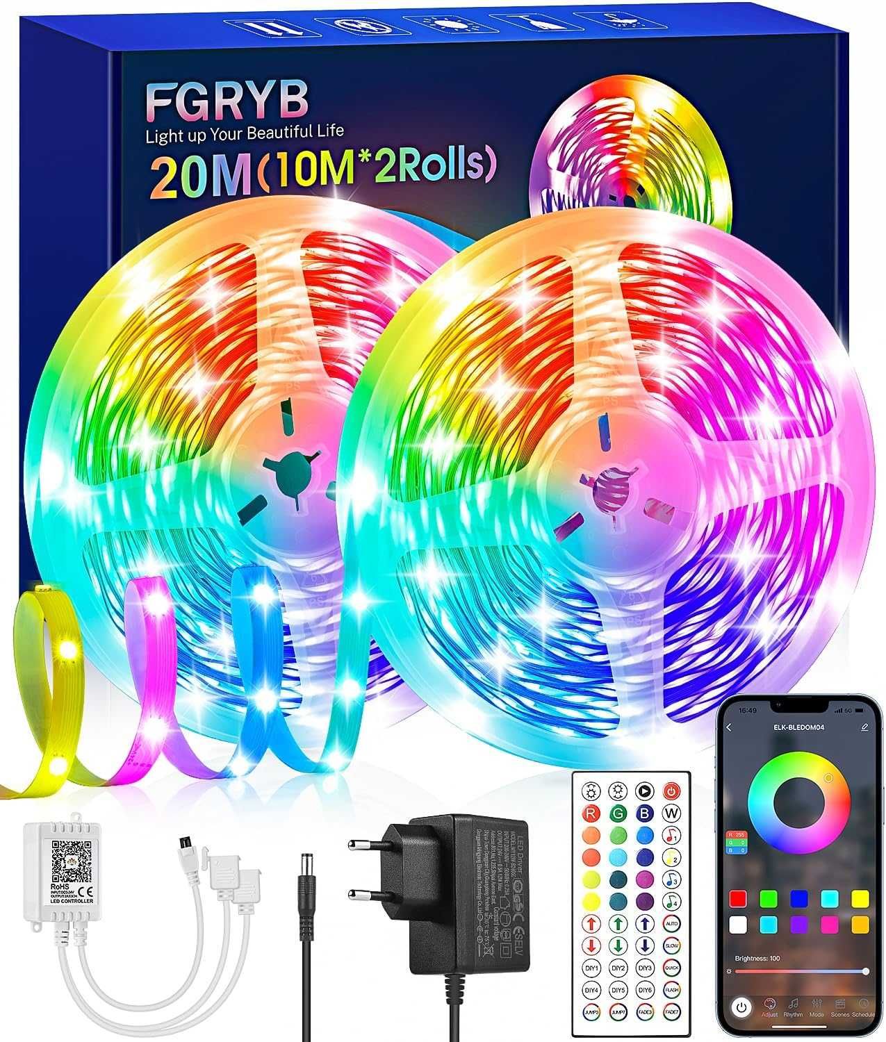 20м (2х10м) RGB LED лента с Bluetooth и дистанционно, микрофн