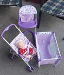 Set jucării căruț, pat, scaun, bebe