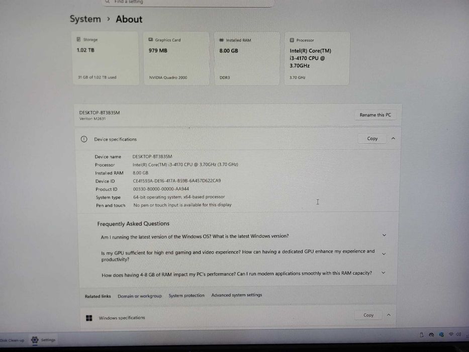 PC Intel Core I3-4170 3.7Ghz 8Ghz DDR3 SSD120Gb+Hdd1Tb Quadro 2000 1Gb