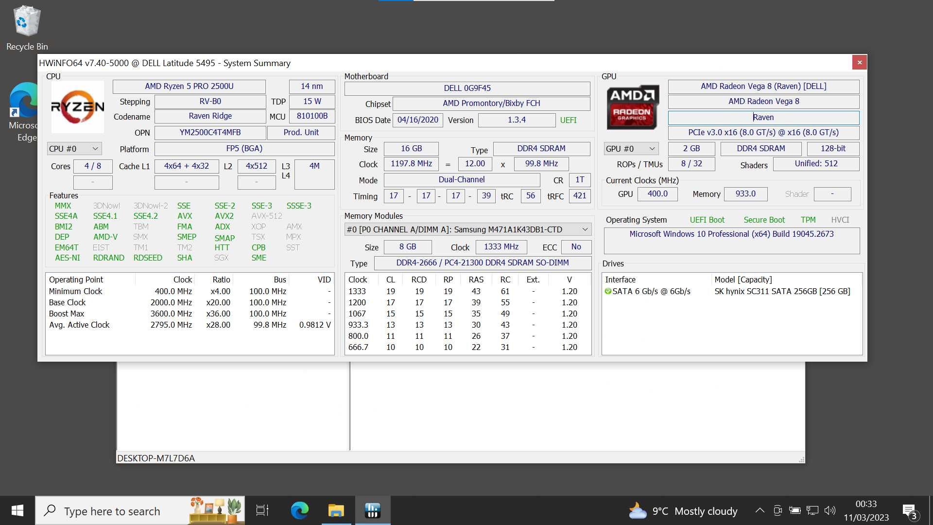 Dell 5495 AMD Ryzen 5 PRO 2500U , AMD vega 8 , 16Gb ram , 256 SSD