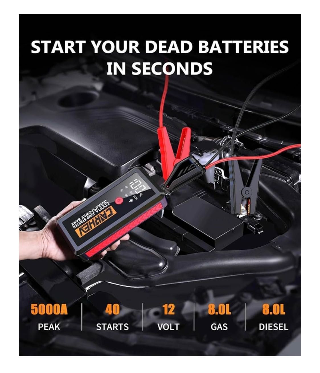 CARHEV 5000A Jump Starter Power Pack, Car Battery Booster Jump Starter