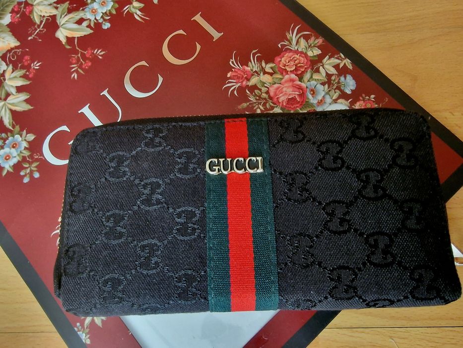 Portofel dublu Gucci material textil, logo metalic auriu,