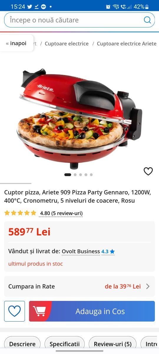 Cuptor pizza, Ariete 909 Pizza Party Gennaro, 1200W, 400°C, Cronometru