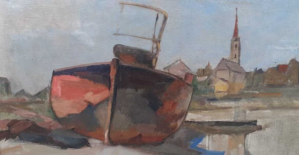 Tablou vechi - barca pe mal - semnat Patko Karoly