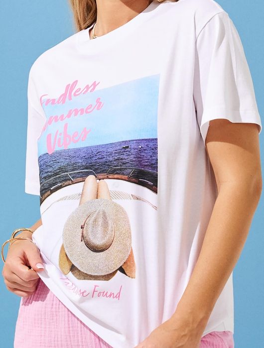 Нова дамска бяла тениска памук с принт Sinsay размер XXS