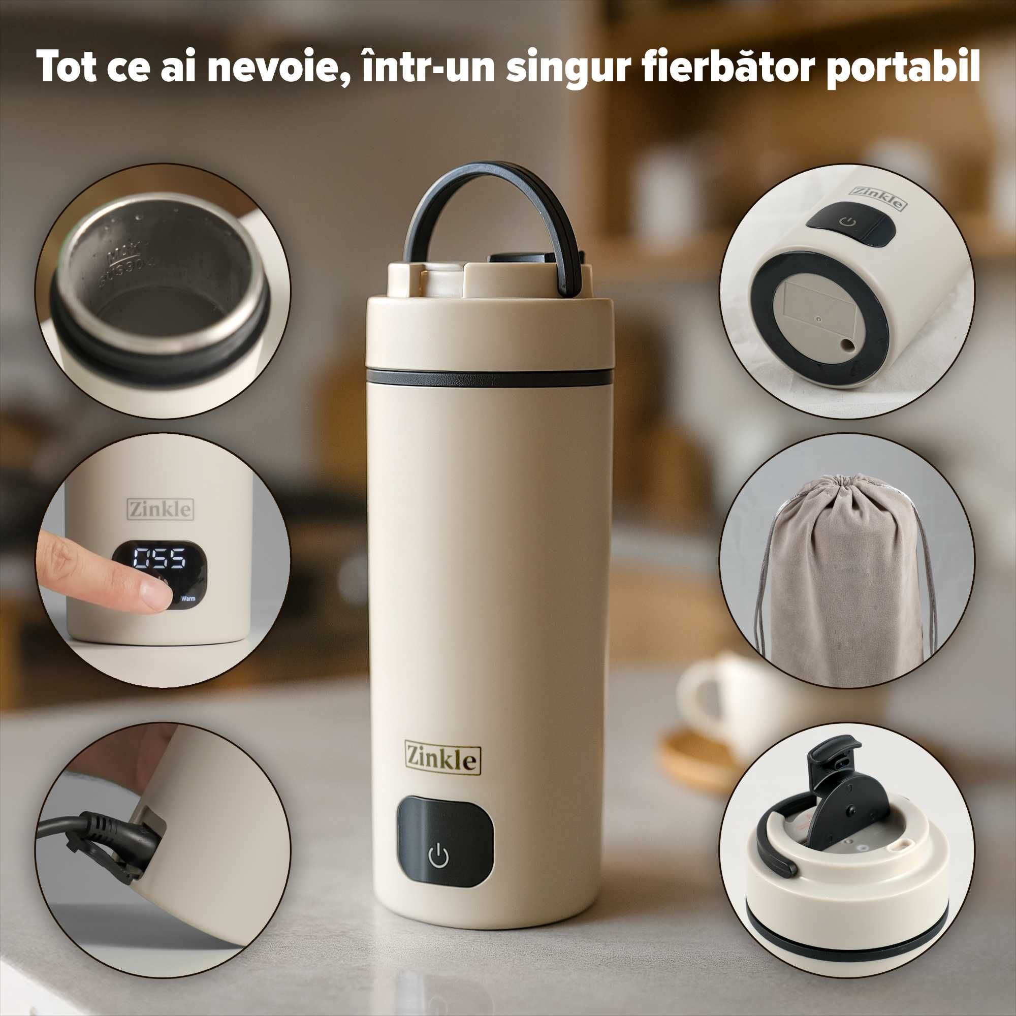 Fierbător Electric Portabil 450ml – Control Temperatură, Infuzor Cadou