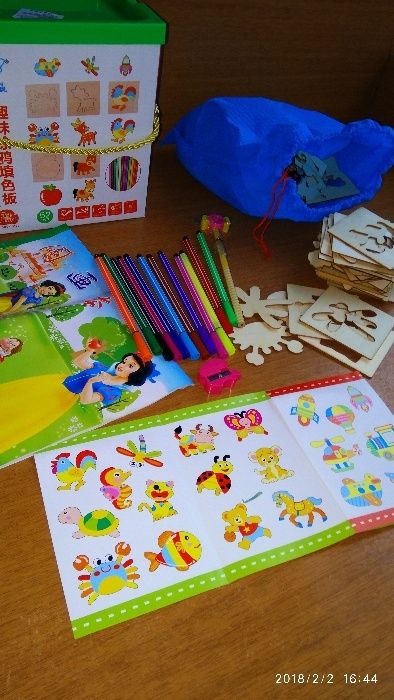 Детски комплект за рисуване с много формички от дърво + флумастри с кн