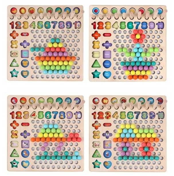 Дървен пъзел 7в1 с топчета пъзел рингове монтесори мозайка с риболов