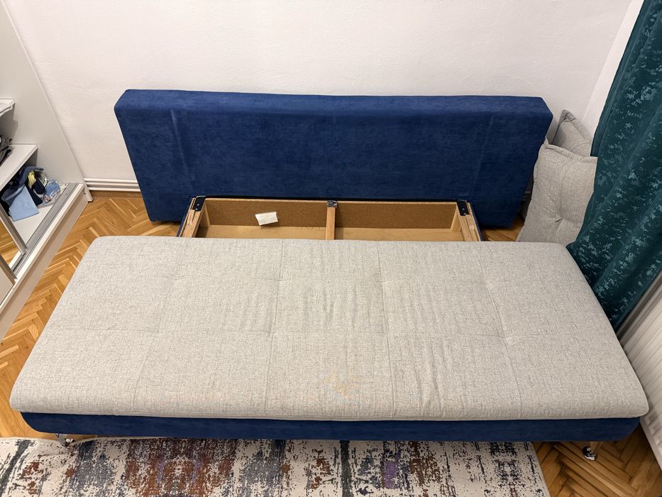 Canapea extensibila gri albastrude inalta calitate cu lada depozitare