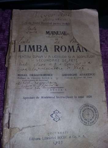 Manual de limba romana,Mihail Dragomirescu,Gheorghe Adamescu 1927,T.G.