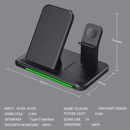[NOU] Incarcator Wireless Qi Fast Charger iPhone Watch AirPods