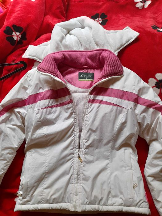 Fas jacheta dama de schi captusit  de iarna, cu gluga alb cu roz  S