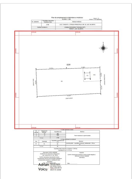 Vând teren sat Fundata com Perieți 2158 mp, str Principală  nr. 53