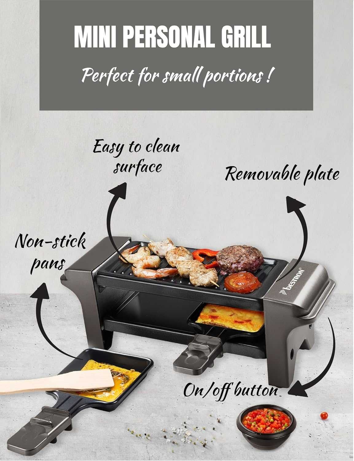Bestron Raclette, Мини раклет грил 2 тигана,2 шпатули,350W, лек ДЕФЕКТ