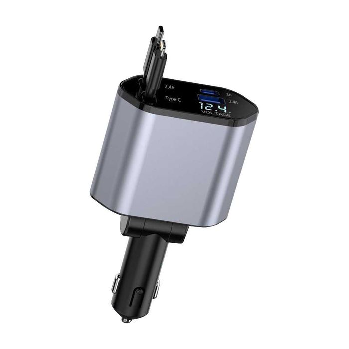 Încărcător Auto Retractabil 4 în 1 cu Încărcare Rapidă–USB-C Lightning