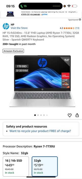 Vand laptop nou HP 1TB 32 GB 1500 lei negociabil