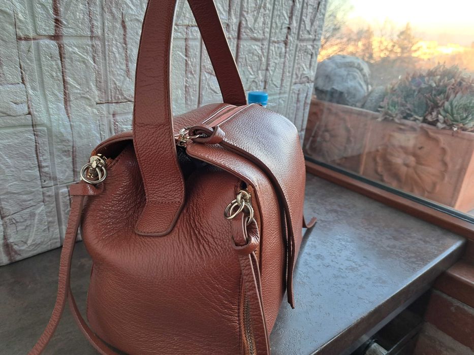 дамска чанта, кафява кожена-естествена кожа,