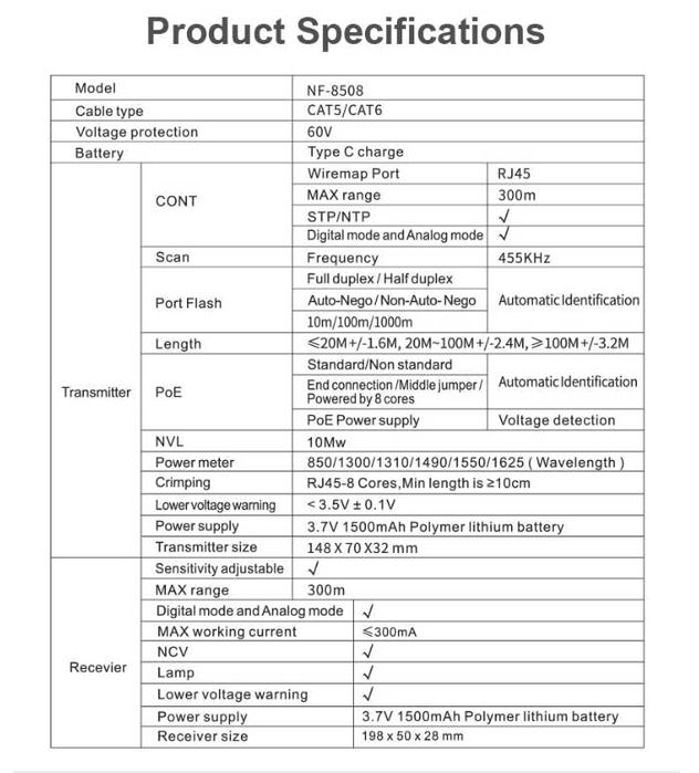 Tester fibra optica - cablu RJ45 | NOYAFA 8508, cable traker, POE