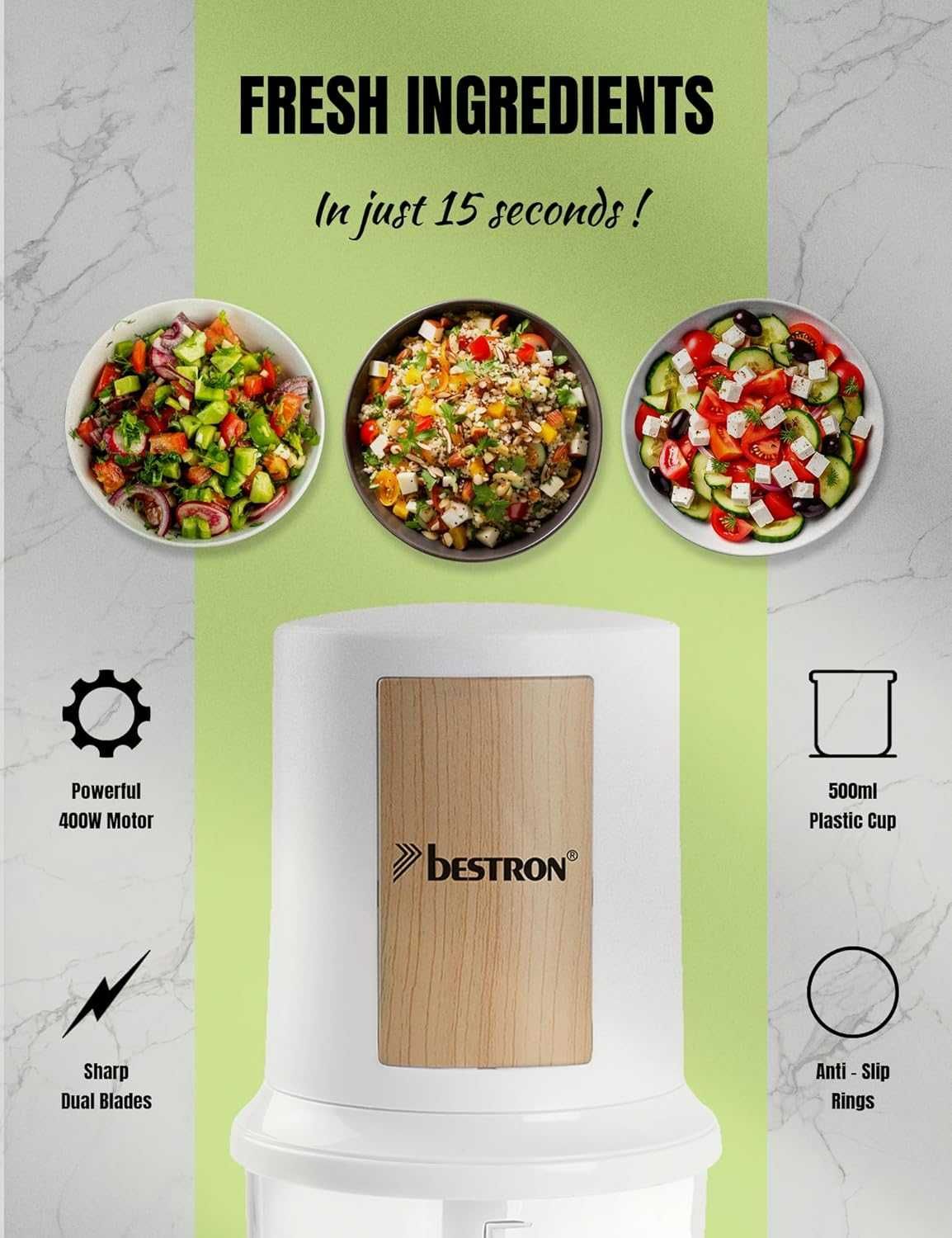 чопър/блендер BESTRON, две остриета, 500мл, импулсен бутон, 3000об/мин