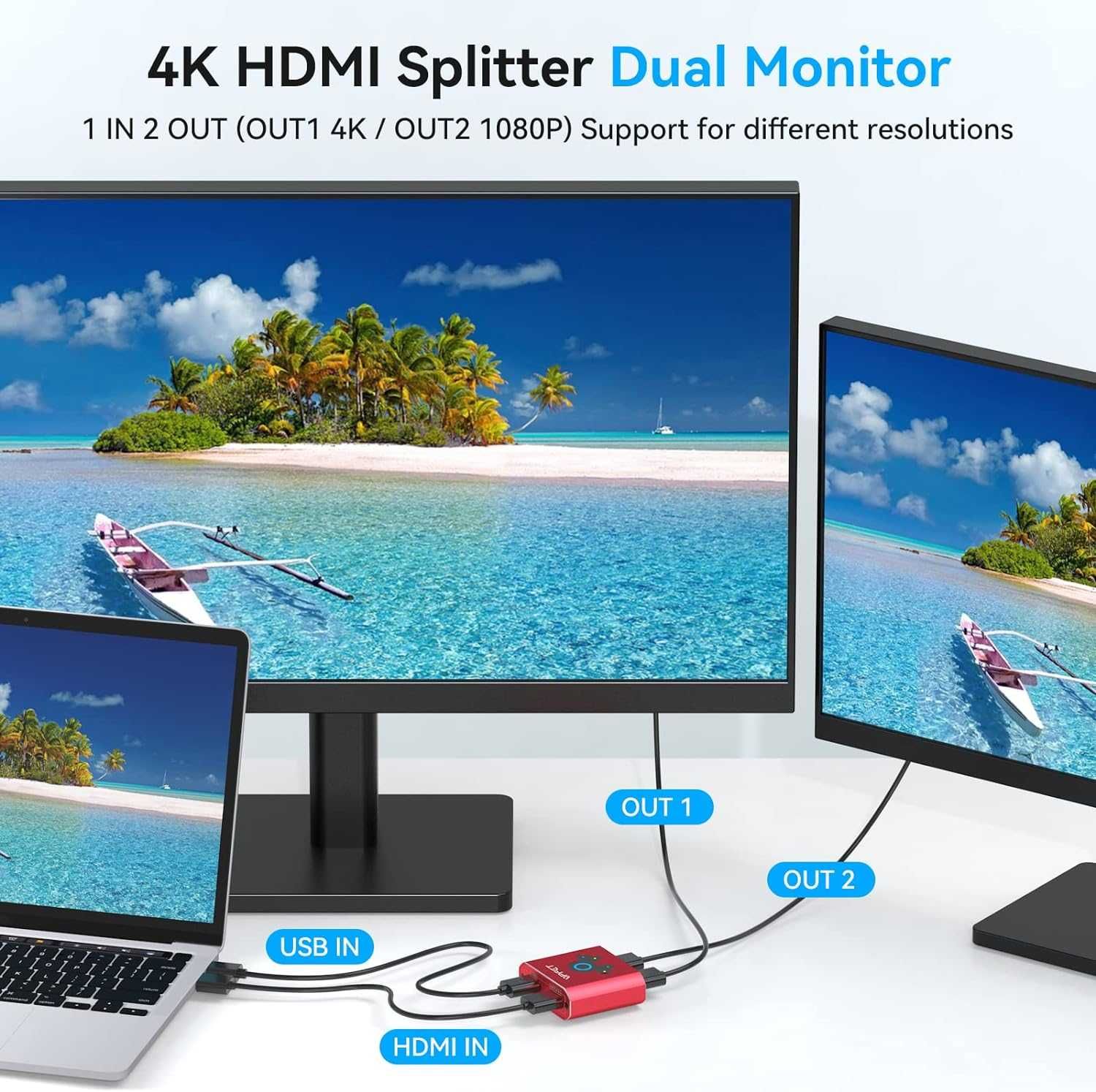 VEDINDUST HDMI Adaptor Splitter Extender 4K60HZ USB HDMI 1IN 2OUT